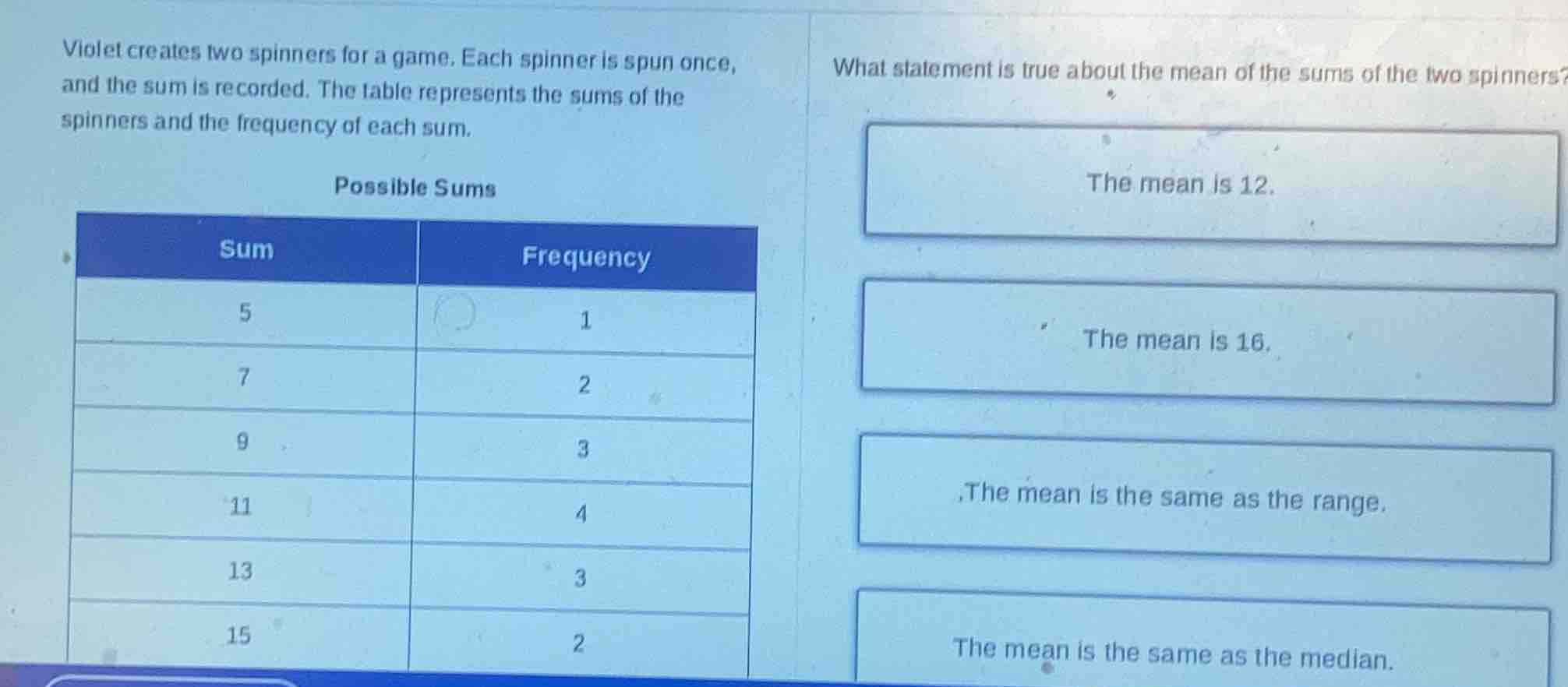 violet creates two spinners for a game. each spinner is spun once, and …