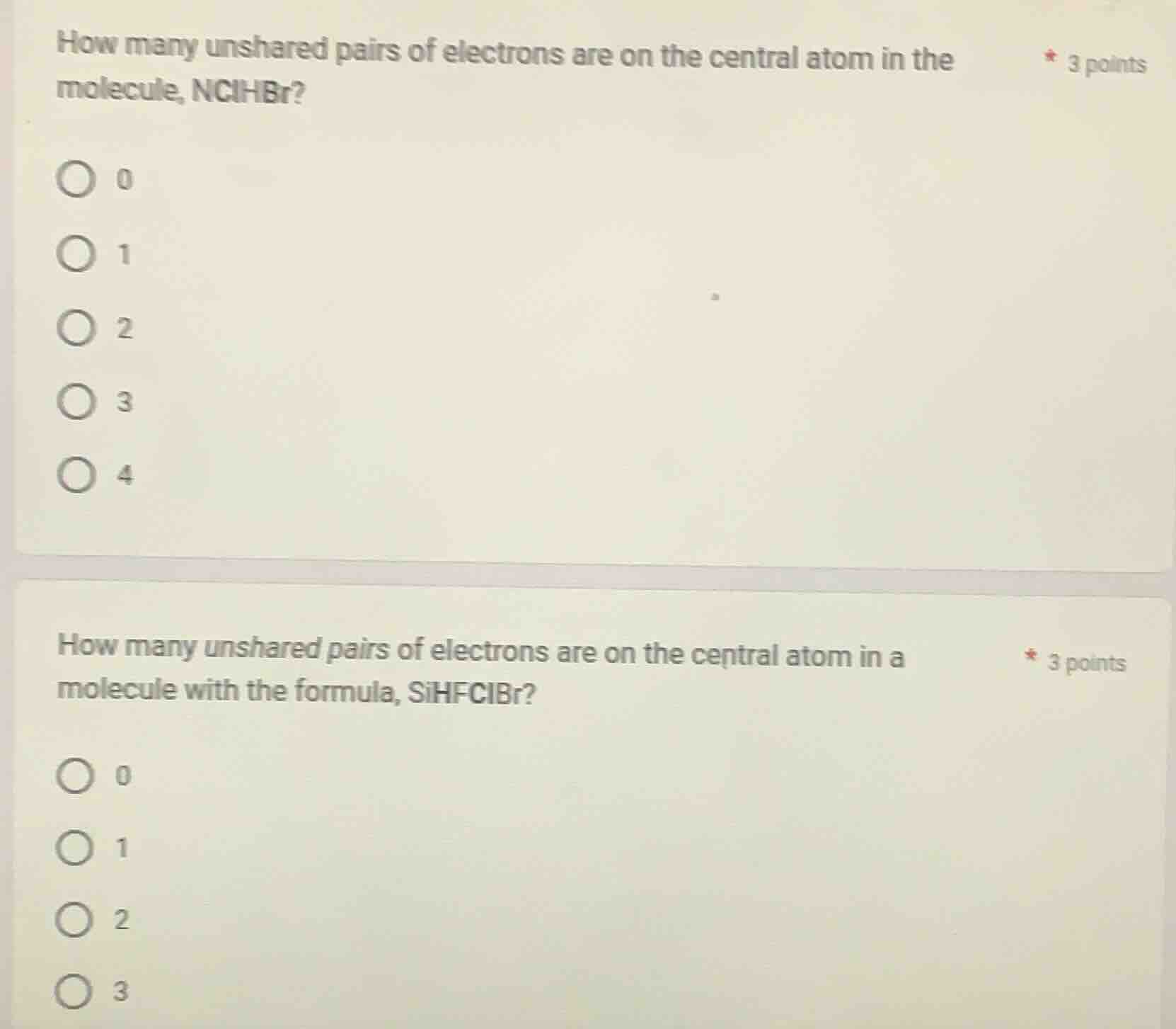 how many unshared pairs of electrons are on the central atom in the mol…