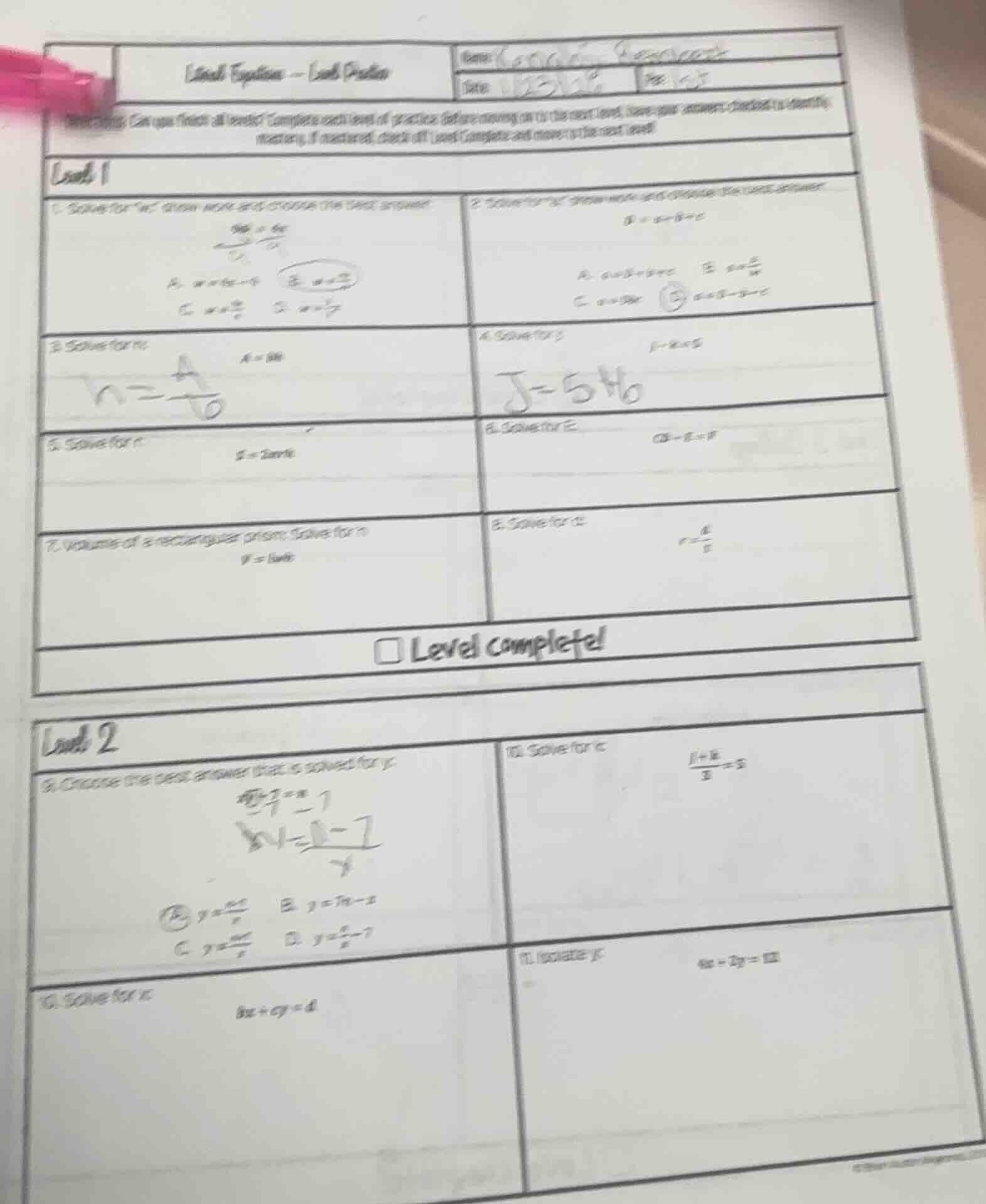 linear equations - level practice name: date: per: directions: can you …