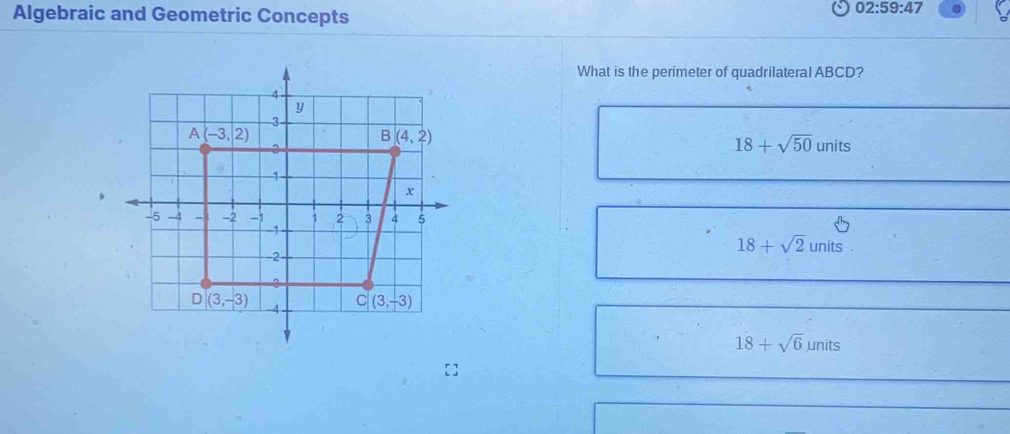 algebraic and geometric concepts what is the perimeter of quadrilateral…