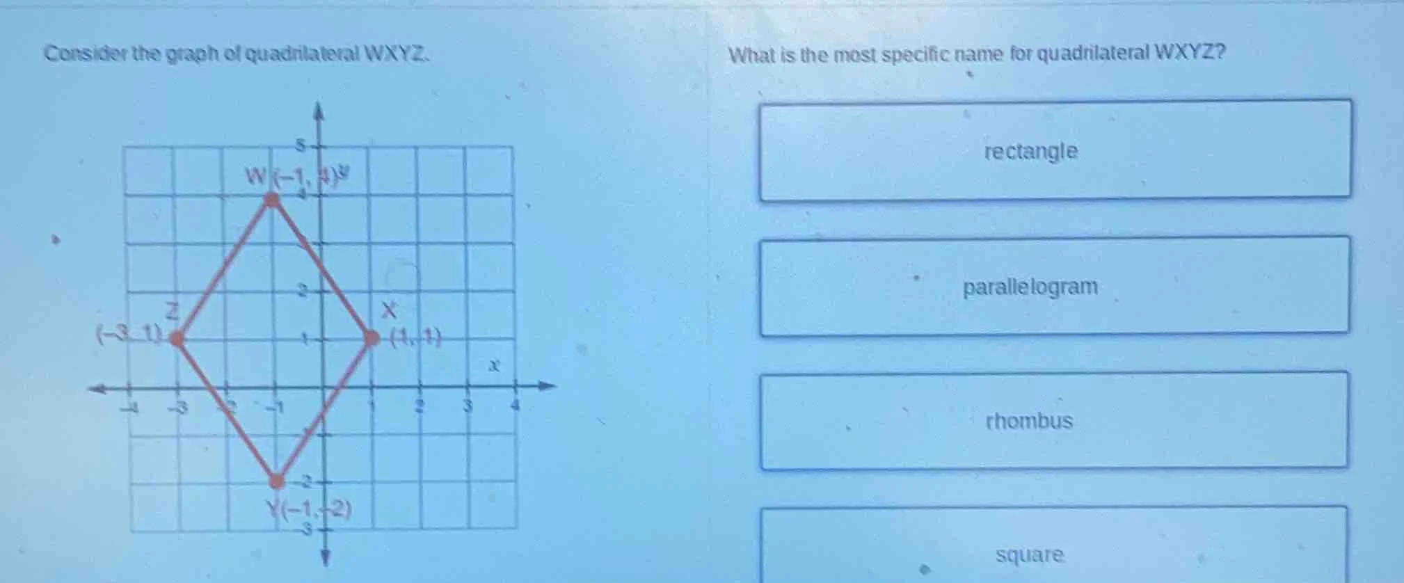 consider the graph of quadrilateral wxyz. what is the most specific nam…