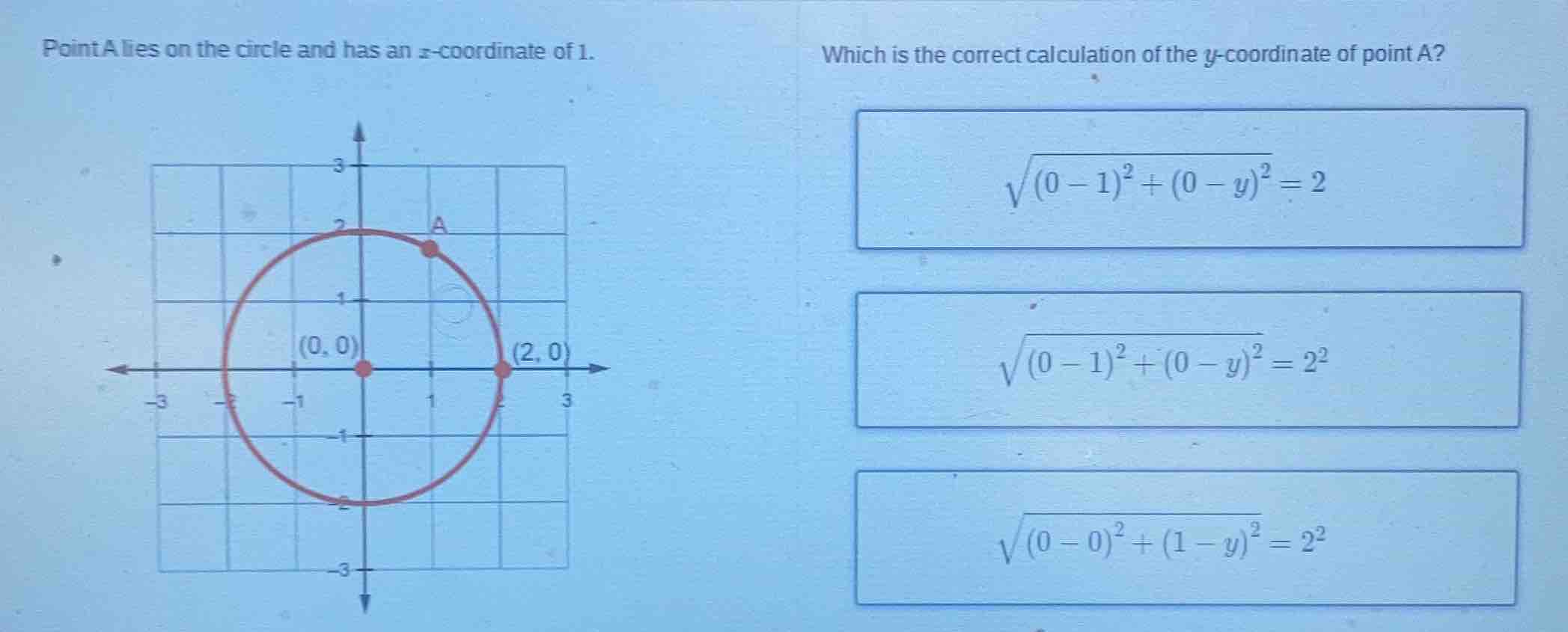 point a lies on the circle and has an x - coordinate of 1. which is the…