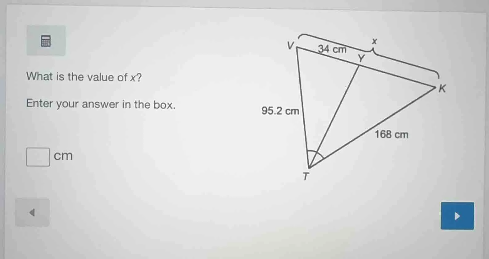 what is the value of x? enter your answer in the box. □ cm