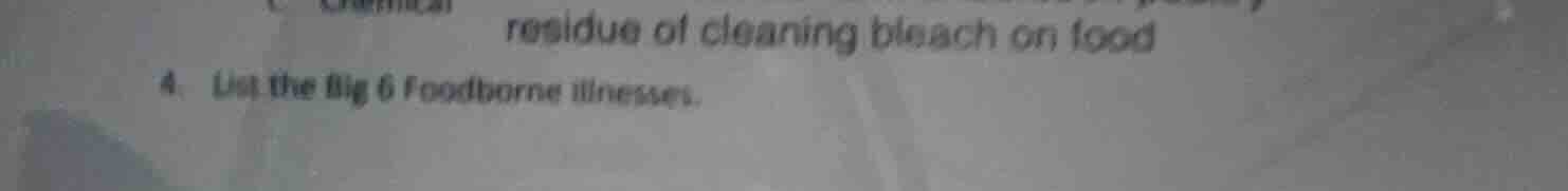 residue of cleaning bleach on food 4. list the big 6 foodborne illnesse…