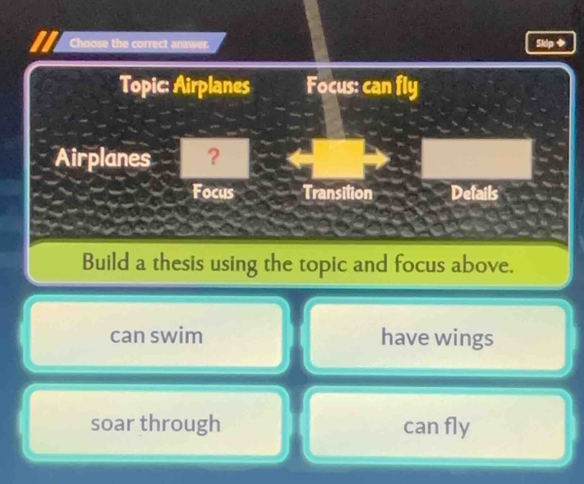 choose the correct answer. topic: airplanes focus: can fly airplanes? f…