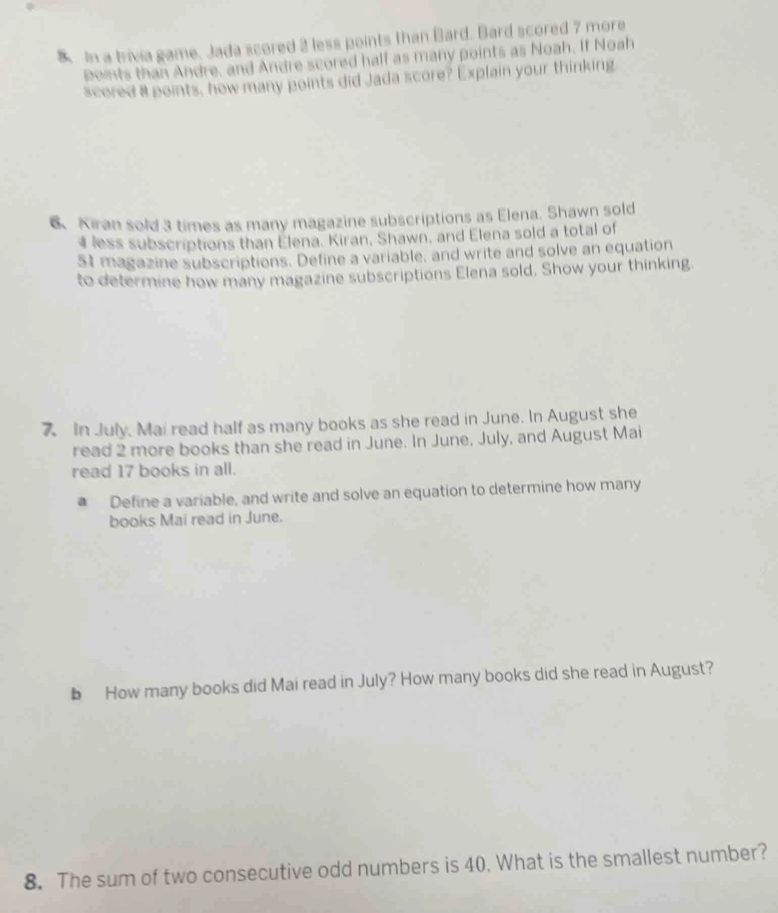 5. in a trivia game, jada scored 2 less points than bard. bard scored 7…