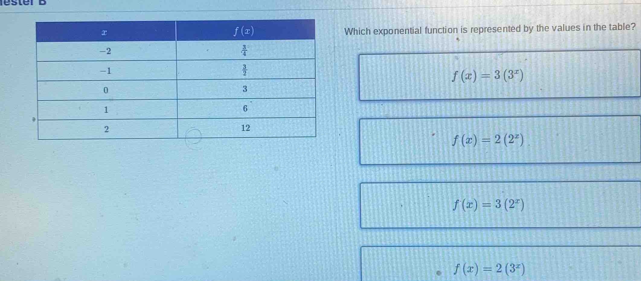 which exponential function is represented by the values in the table? \…