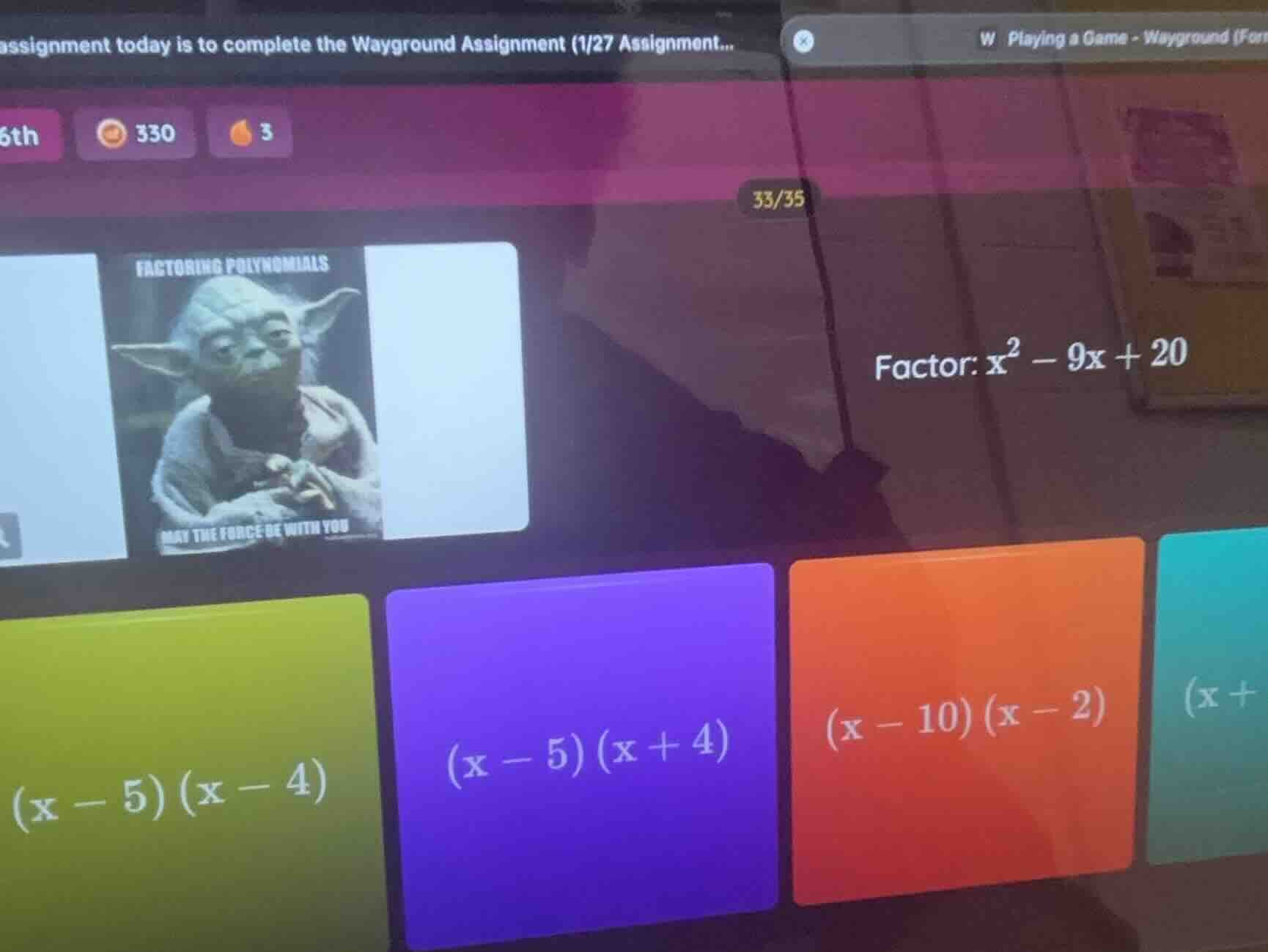 factor: $x^2 - 9x + 20$ $(x - 5)(x - 4)$ $(x - 5)(x + 4)$ $(x - 10)(x -…