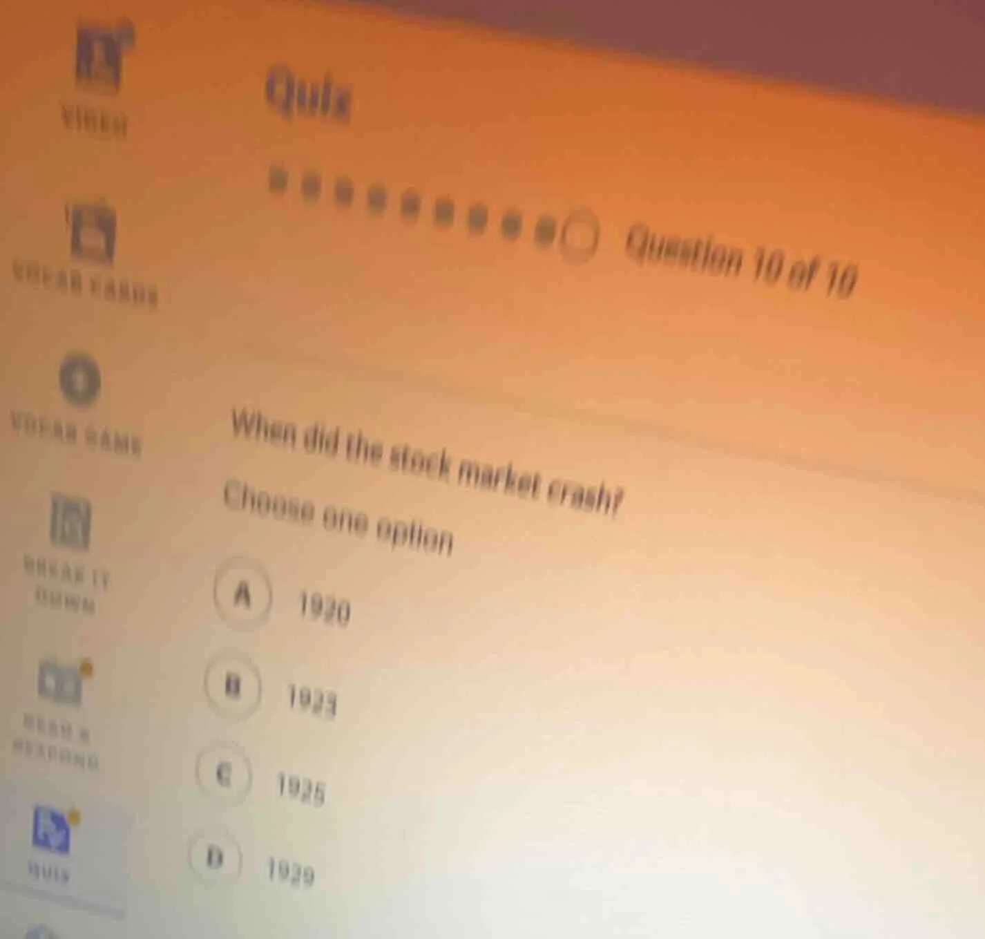 quiz question 10 of 10 when did the stock market crash? choose one opti…