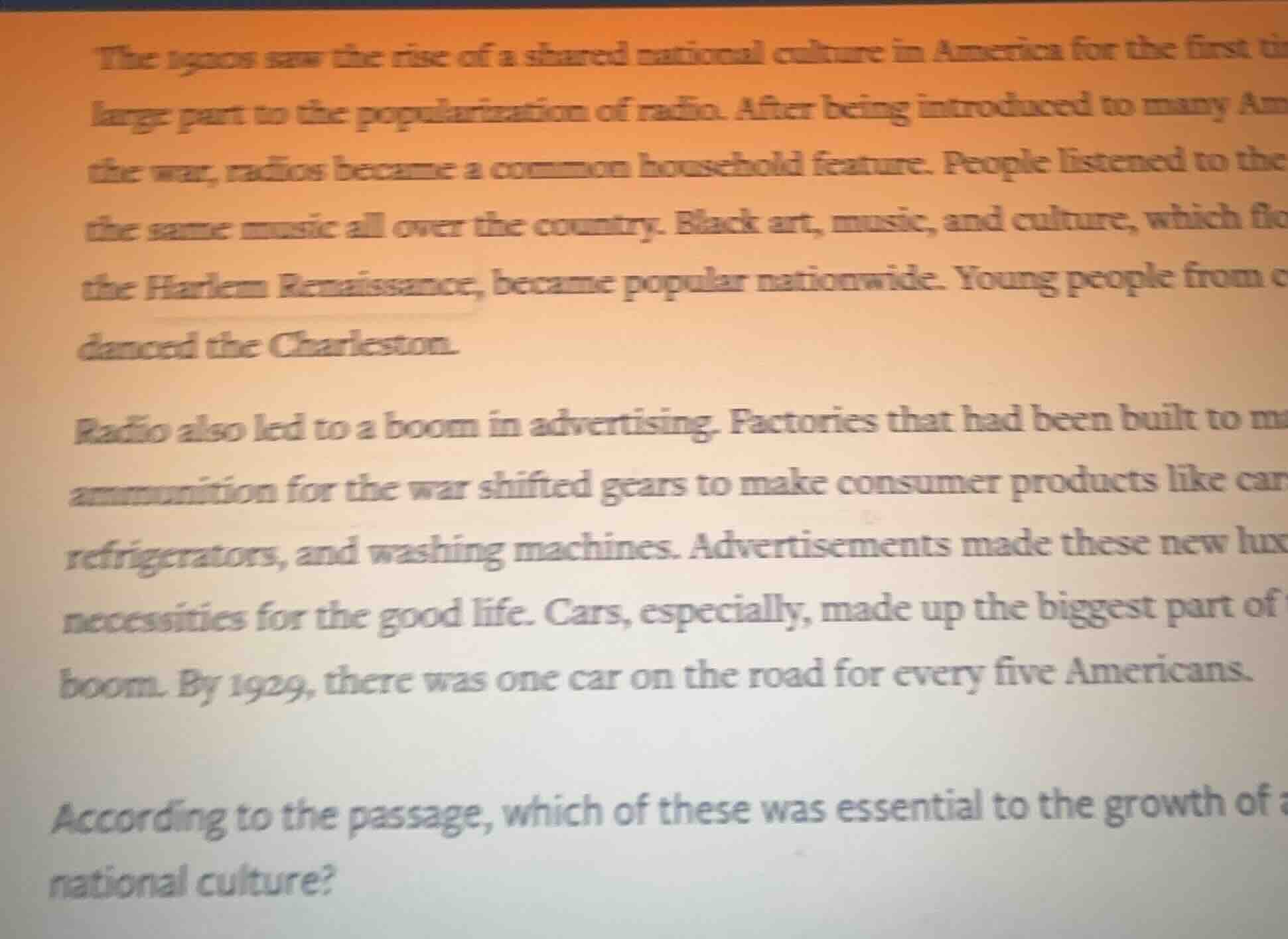 the 1920s saw the rise of a shared national culture in america for the …