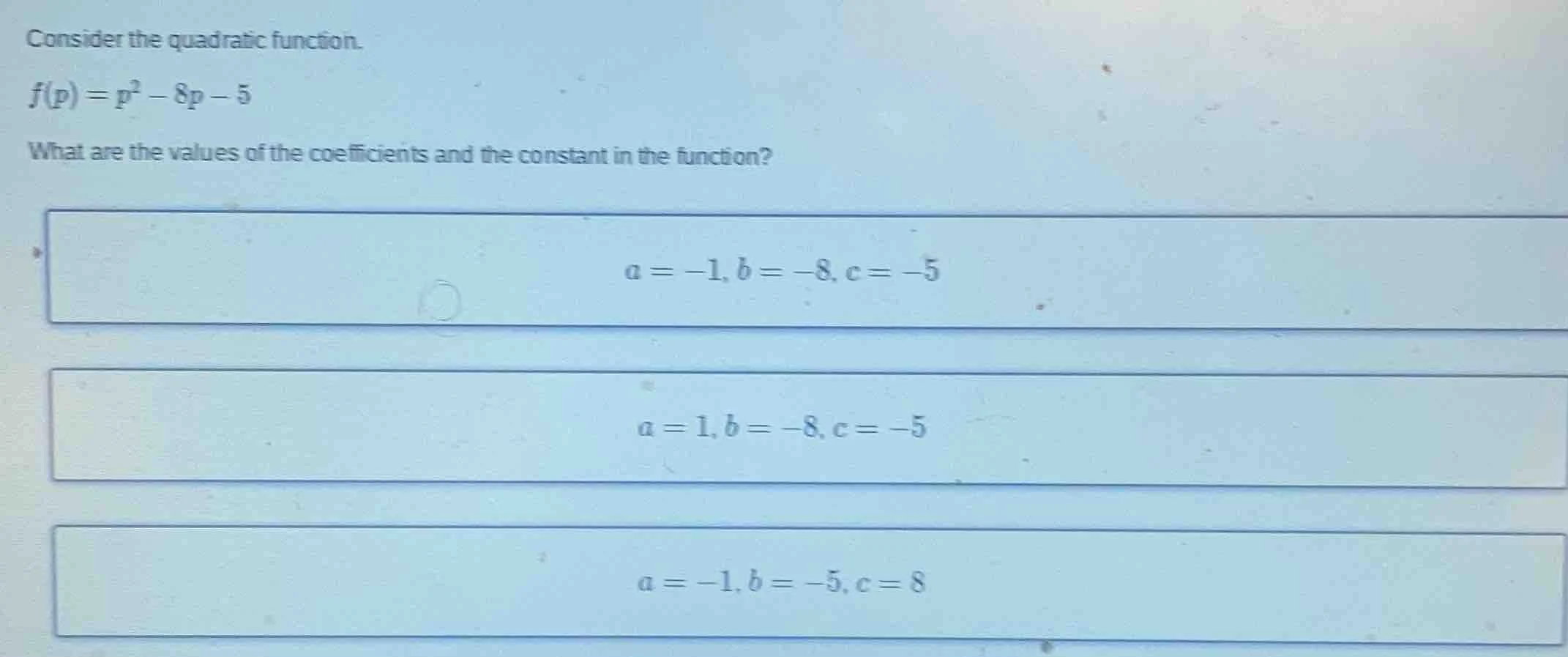 consider the quadratic function.\\(f(p) = p^2 - 8p - 5\\)\ what are the…