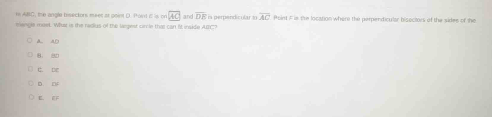 in abc, the angle bisectors meet at point d. point e is on \\(\\overlin…