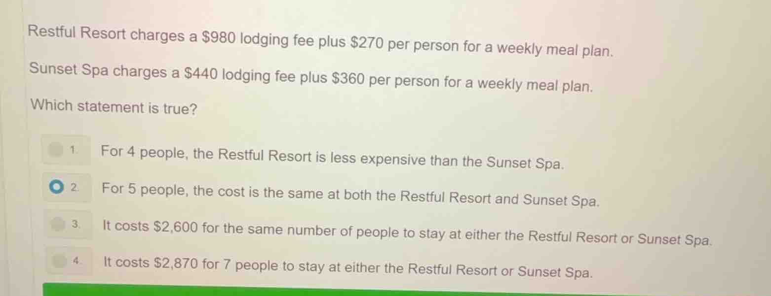 restful resort charges a $980 lodging fee plus $270 per person for a we…