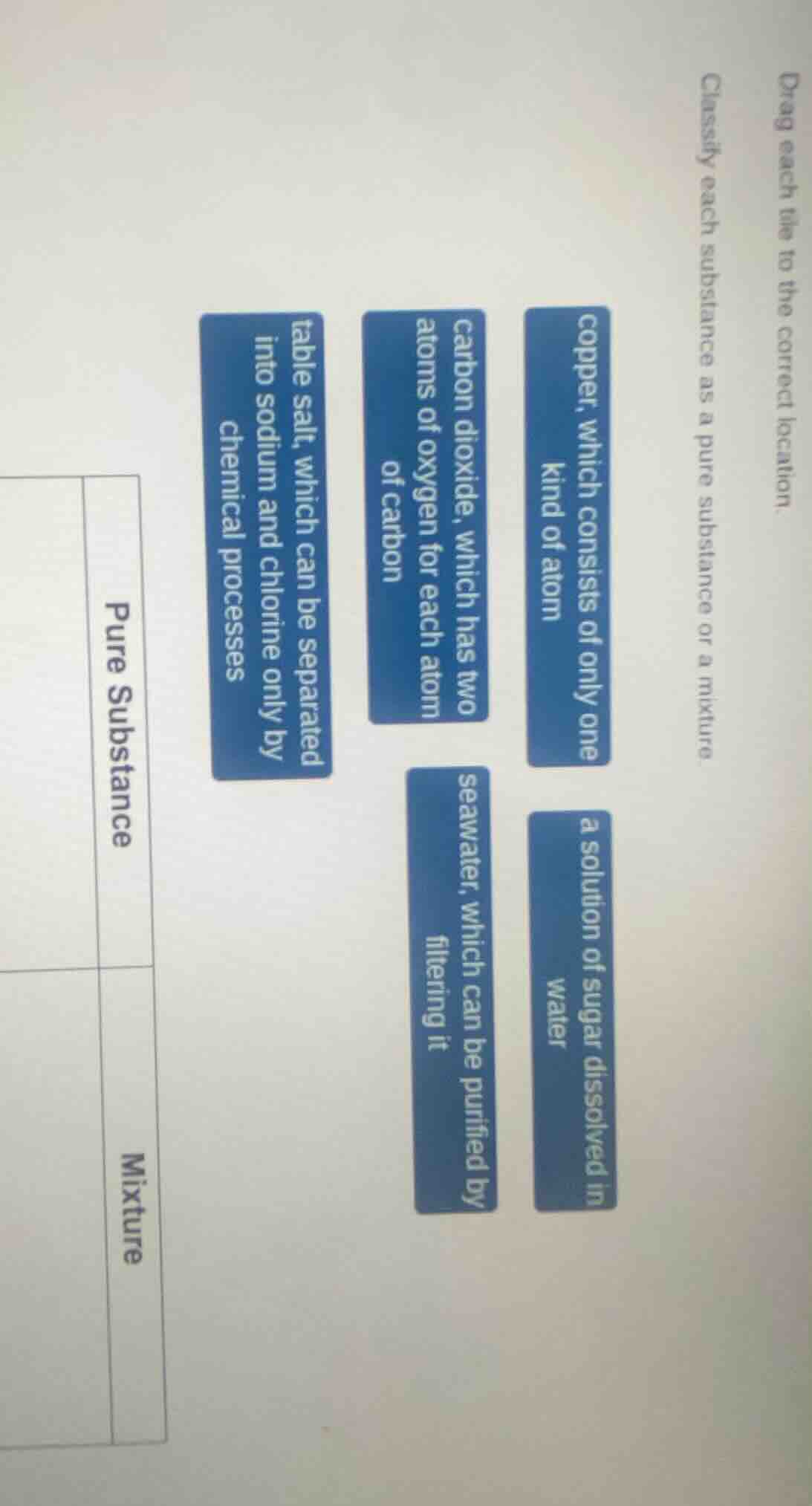 drag each the to the correct location. classify each substance as a pur…