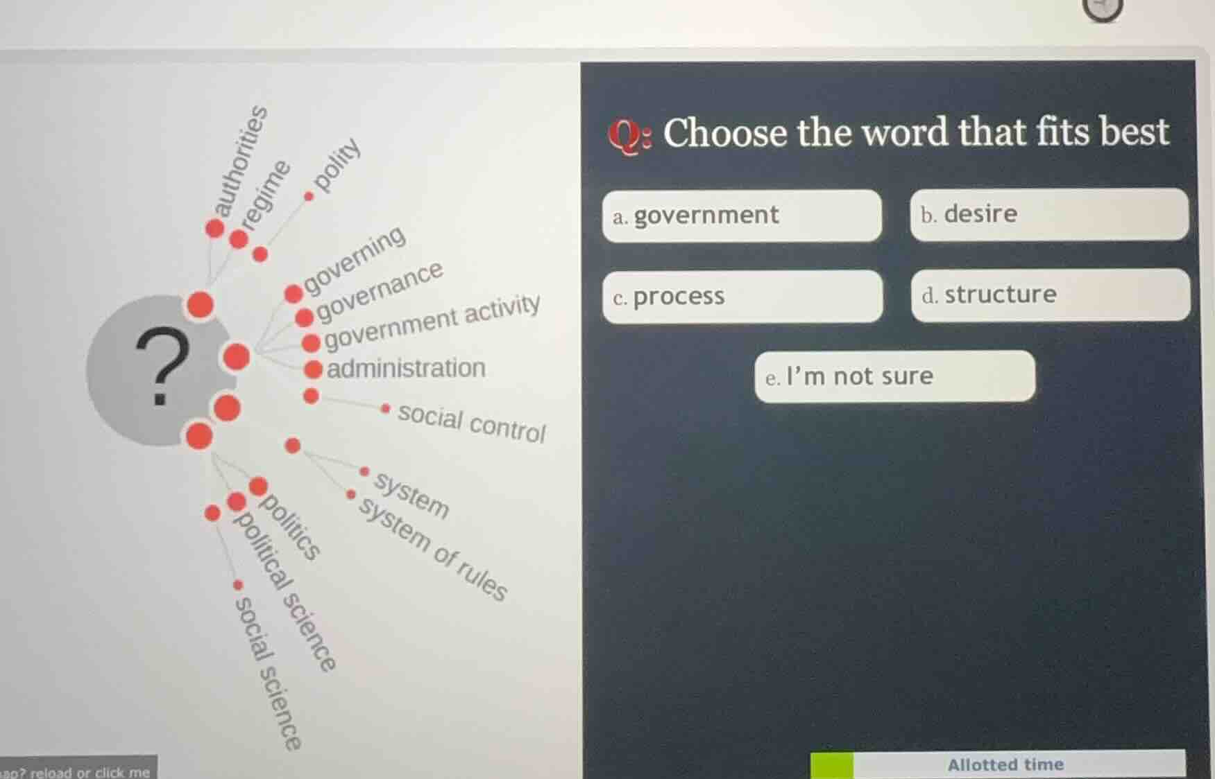 q: choose the word that fits best a. government b. desire c. process d.…