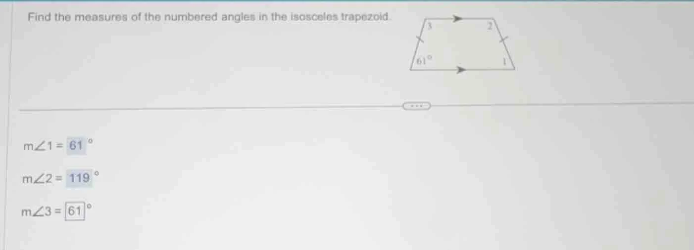 find the measures of the numbered angles in the isosceles trapezoid. m∠…