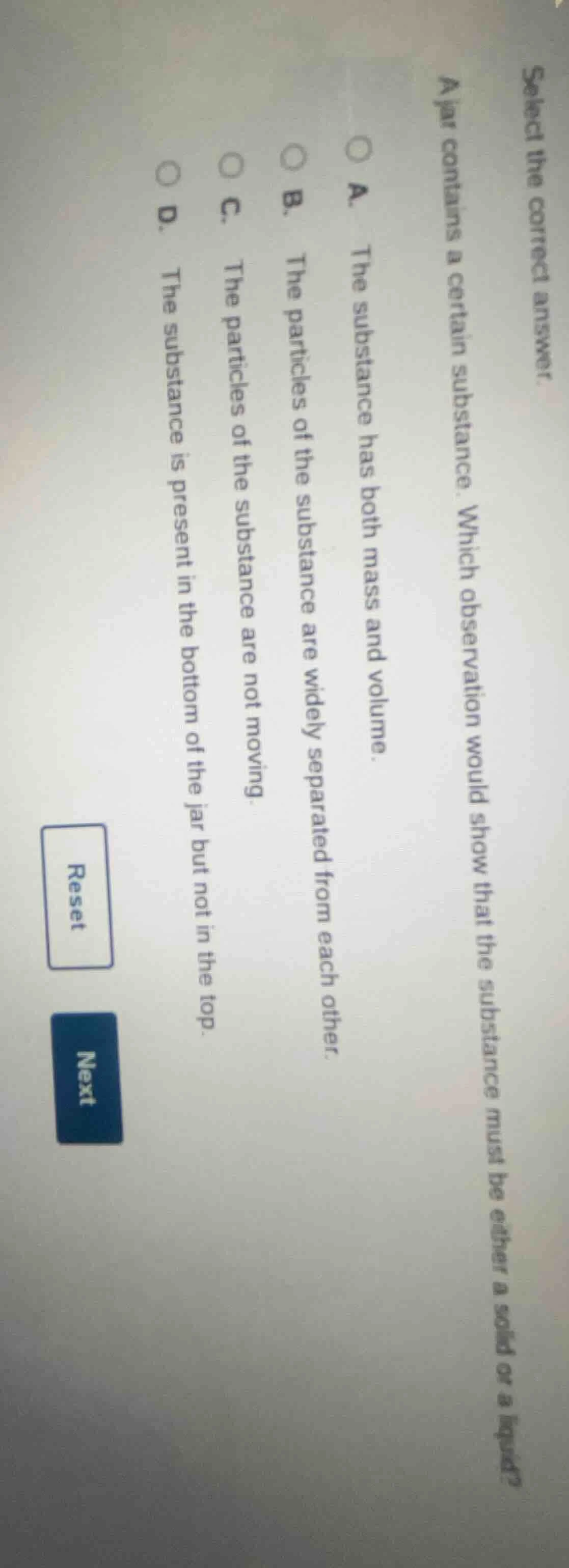 select the correct answer. a jar contains a certain substance. which ob…