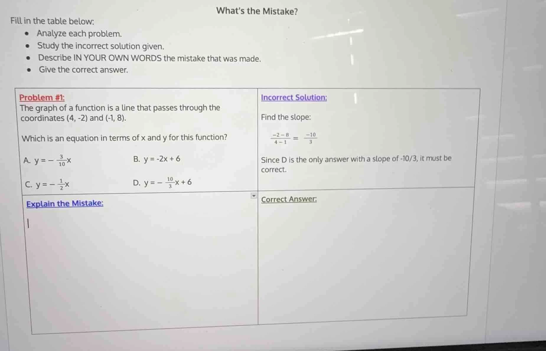 whats the mistake? fill in the table below: - analyze each problem. - s…