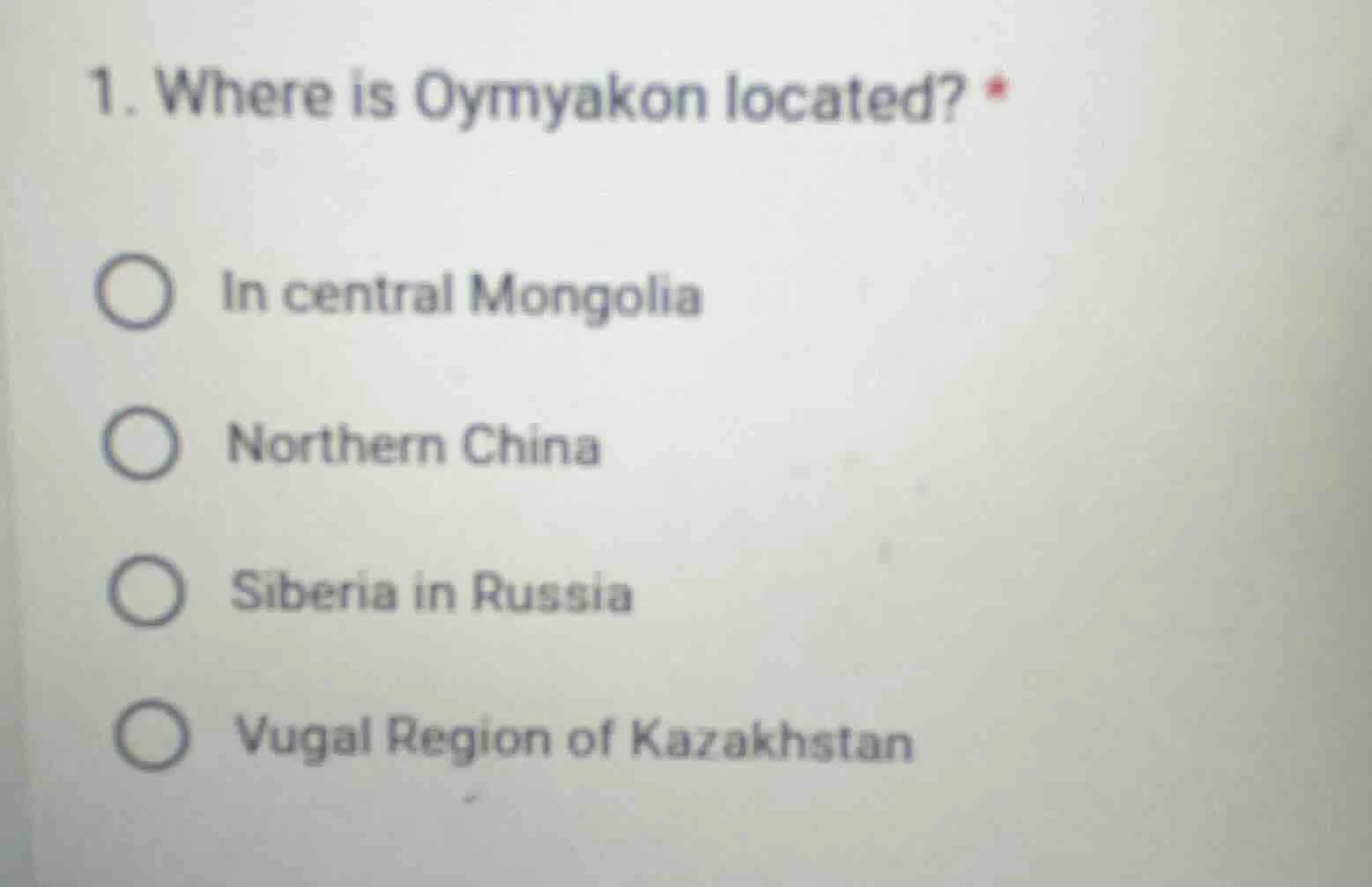 1. where is oymyakon located? in central mongolia northern china siberi…