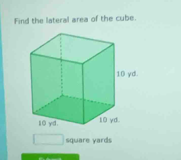 find the lateral area of the cube. 10 yd. 10 yd. 10 yd. square yards
