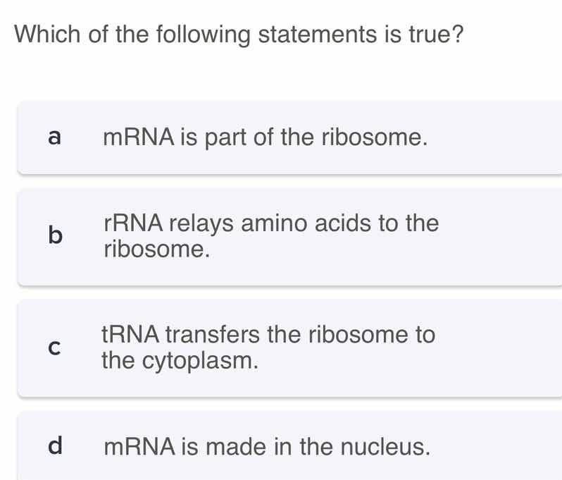 which of the following statements is true? a mrna is part of the riboso…