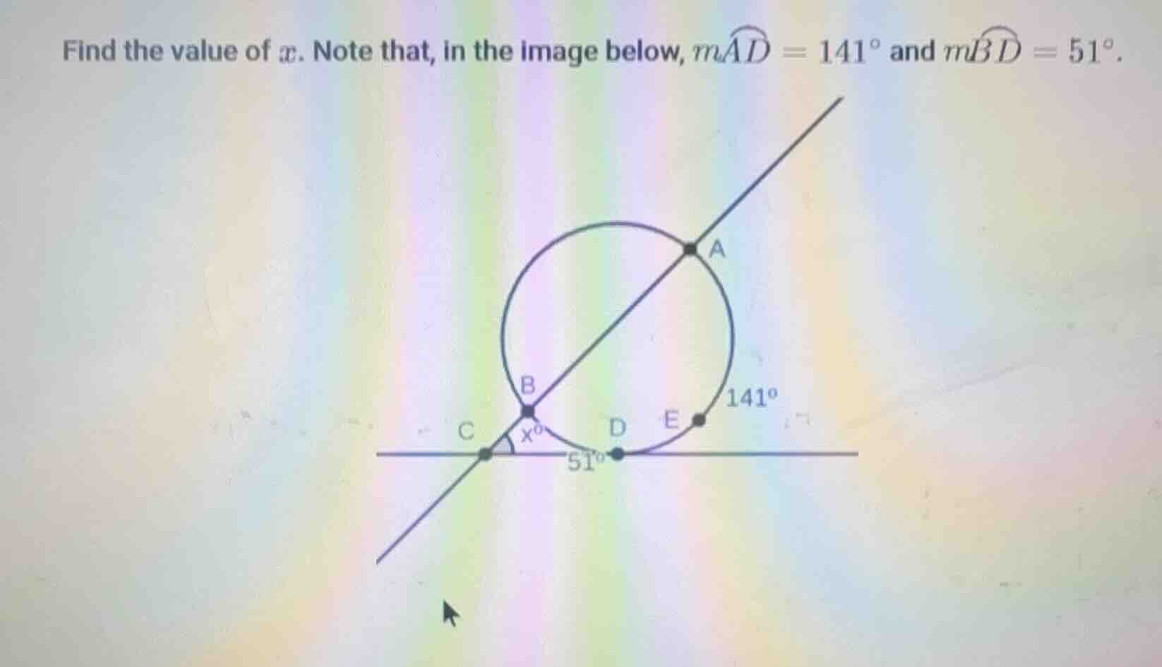 find the value of ( x ). note that, in the image below, ( moverarc{ad} …