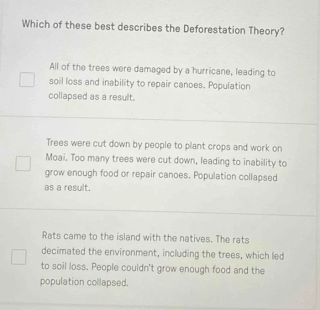 which of these best describes the deforestation theory? all of the tree…