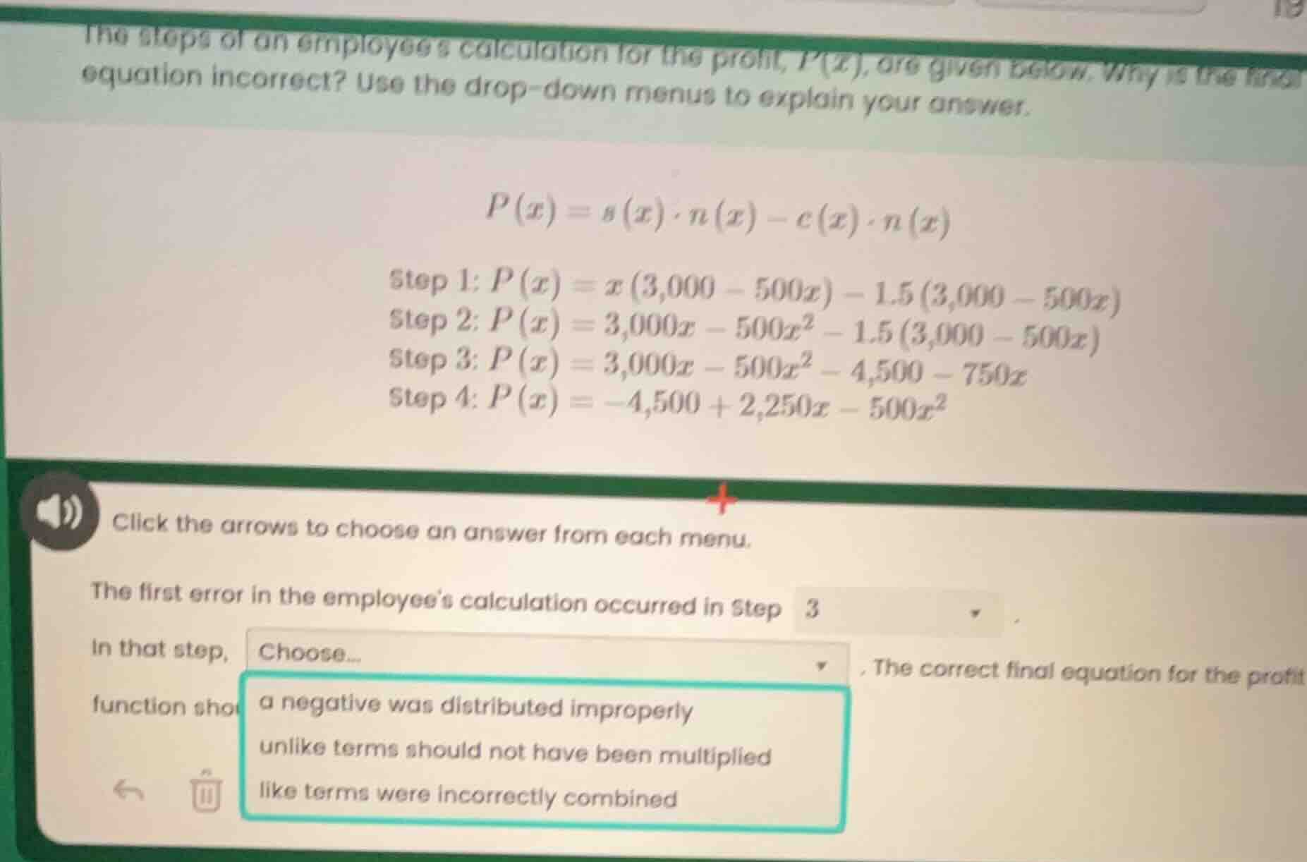 the steps of an employees calculation for the profit, p(x), are given b…