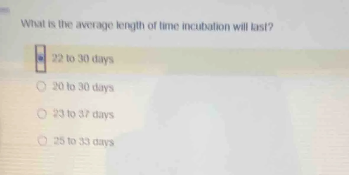 what is the average length of time incubation will last? 22 to 30 days …