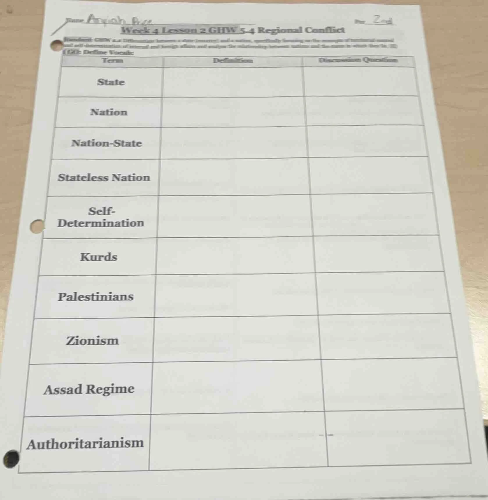 name aryah bee\ per 2nd\ week 4 lesson 2 ghw 5-4 regional conflict\ (st…