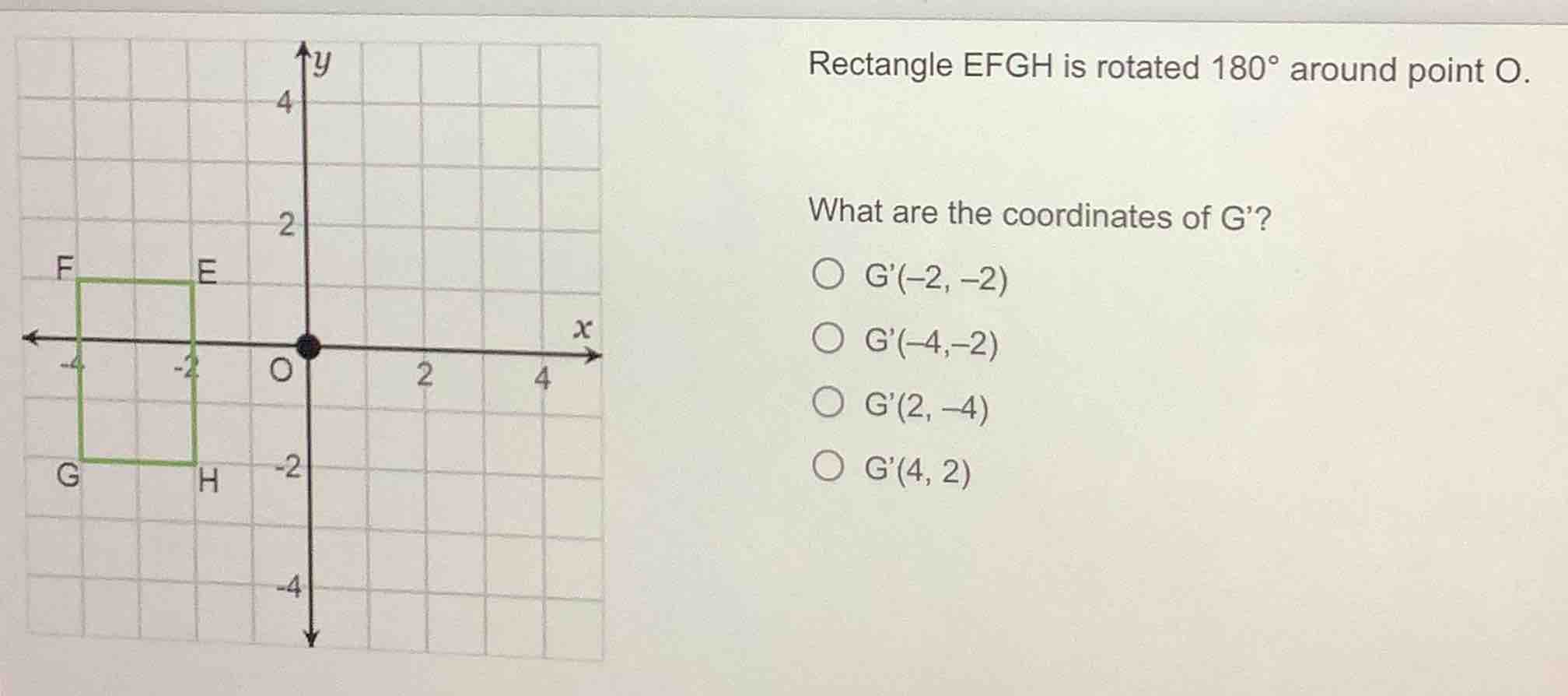 rectangle efgh is rotated 180° around point o. what are the coordinates…