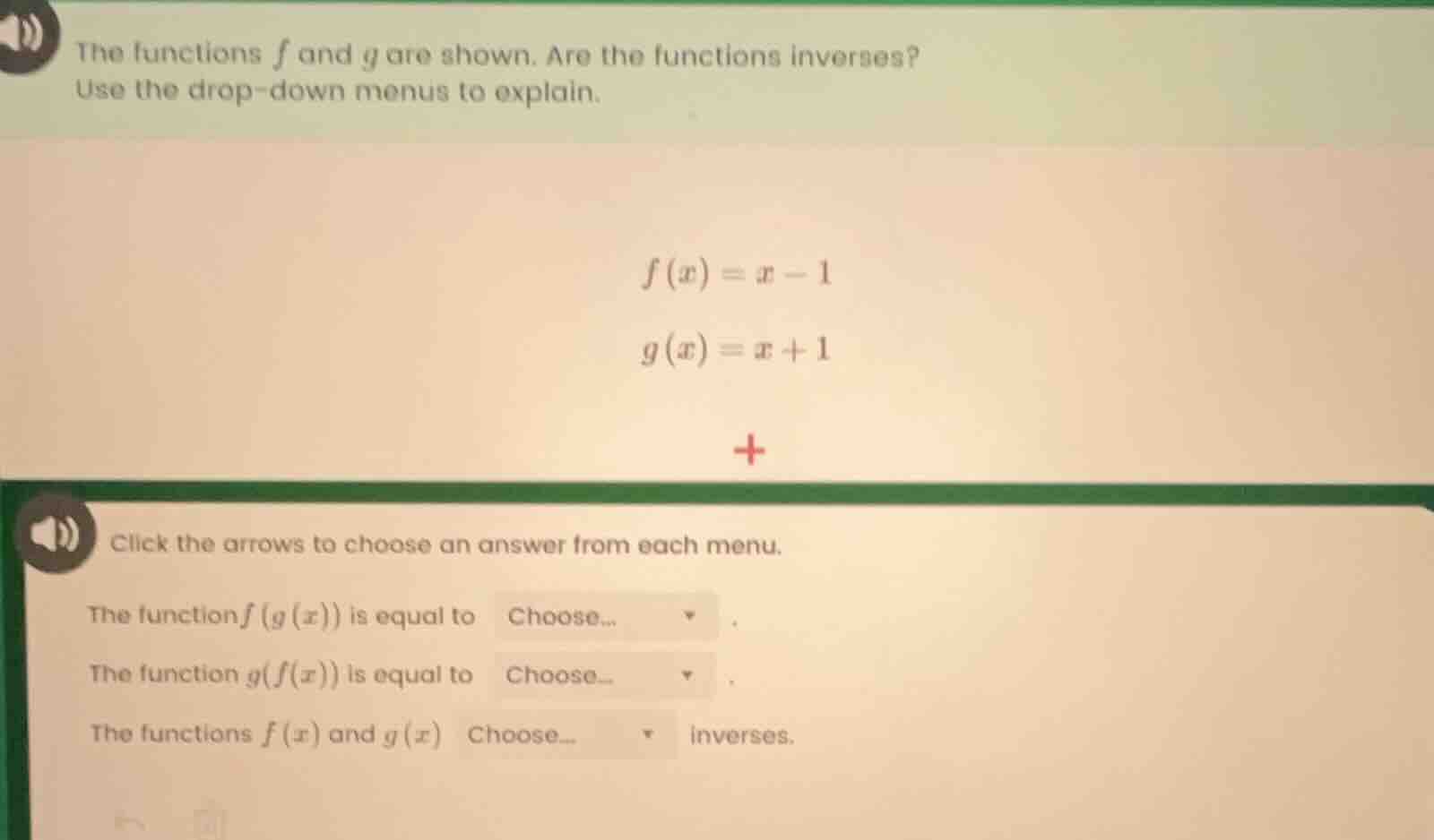 the functions f and g are shown. are the functions inverses? use the dr…