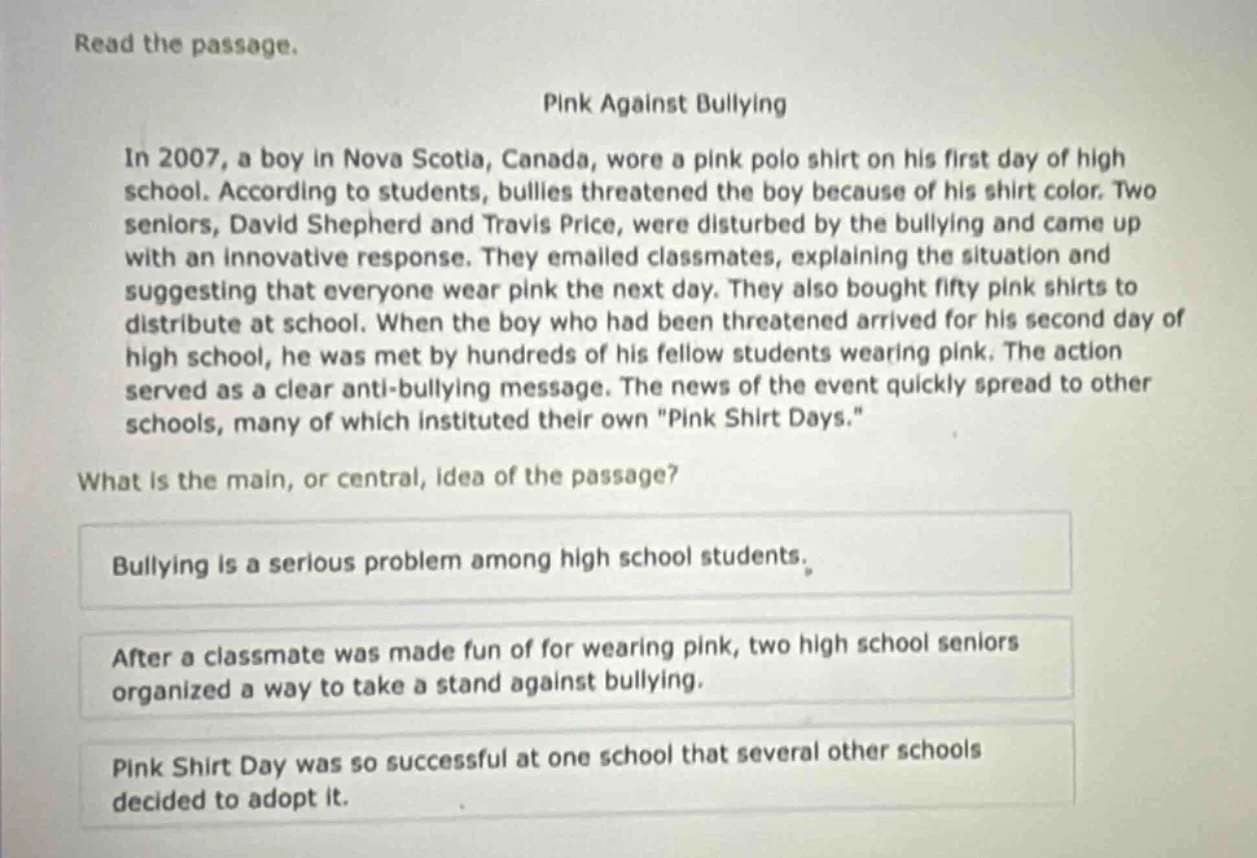 read the passage. pink against bullying in 2007, a boy in nova scotia, …