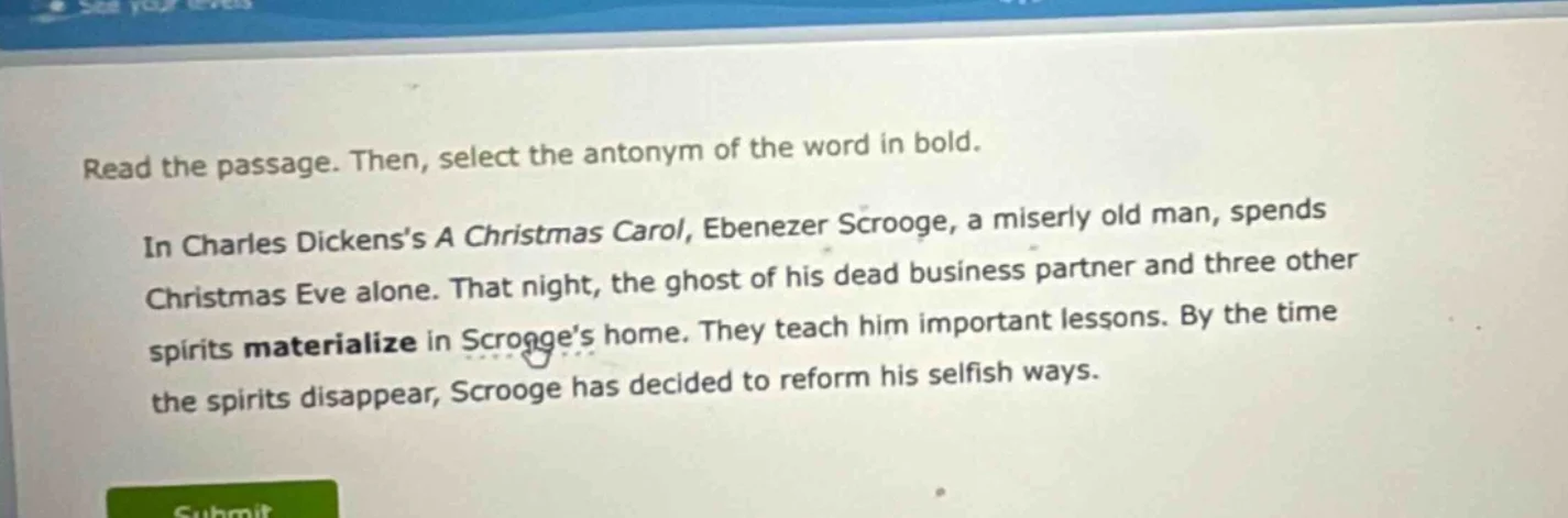 read the passage. then, select the antonym of the word in bold. in char…