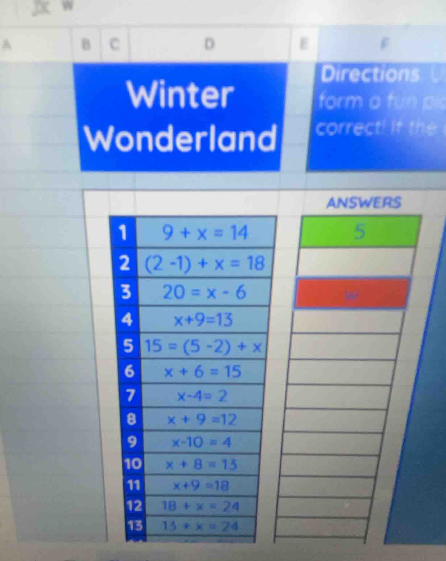 winter wonderland directions form a fun correct if the answers 1 $9 + x…