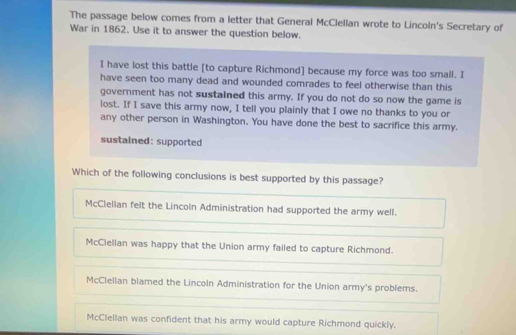 the passage below comes from a letter that general mcclellan wrote to l…