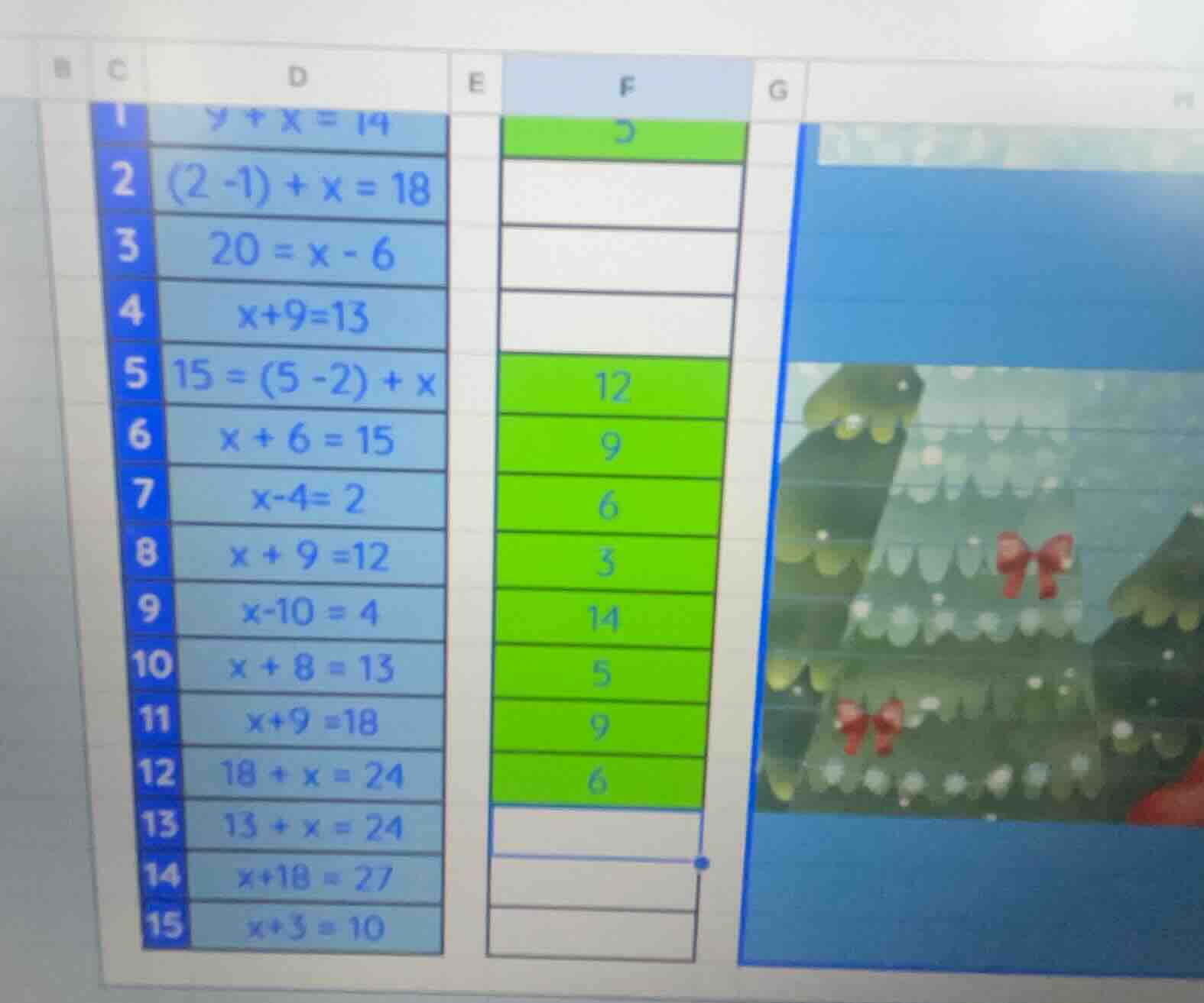 1 ( y + x = 14 ) 2 ( (2 - 1) + x = 18 ) 3 ( 20 = x - 6 ) 4 ( x + 9 = 13…