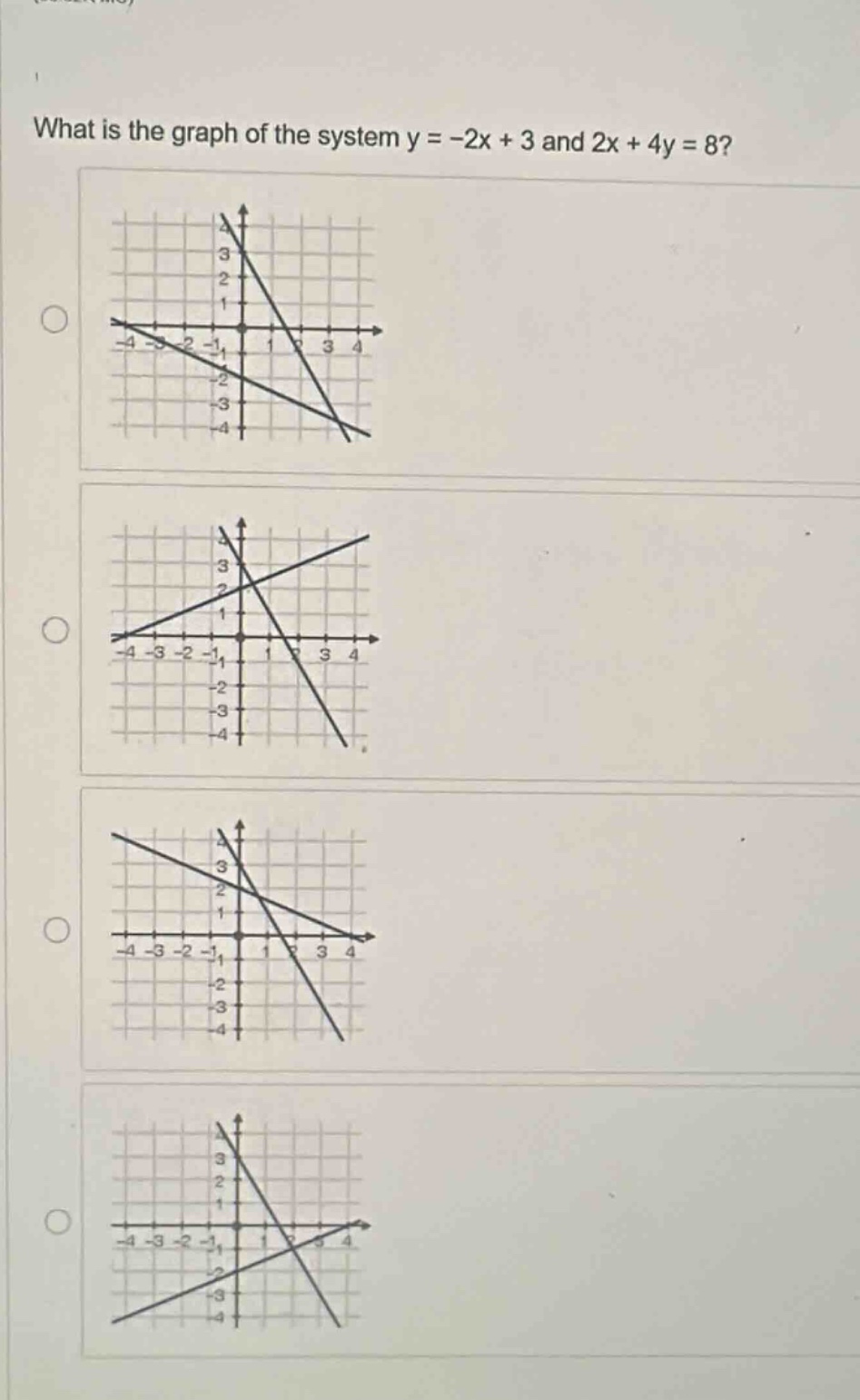 what is the graph of the system $y = -2x + 3$ and $2x + 4y = 8$?