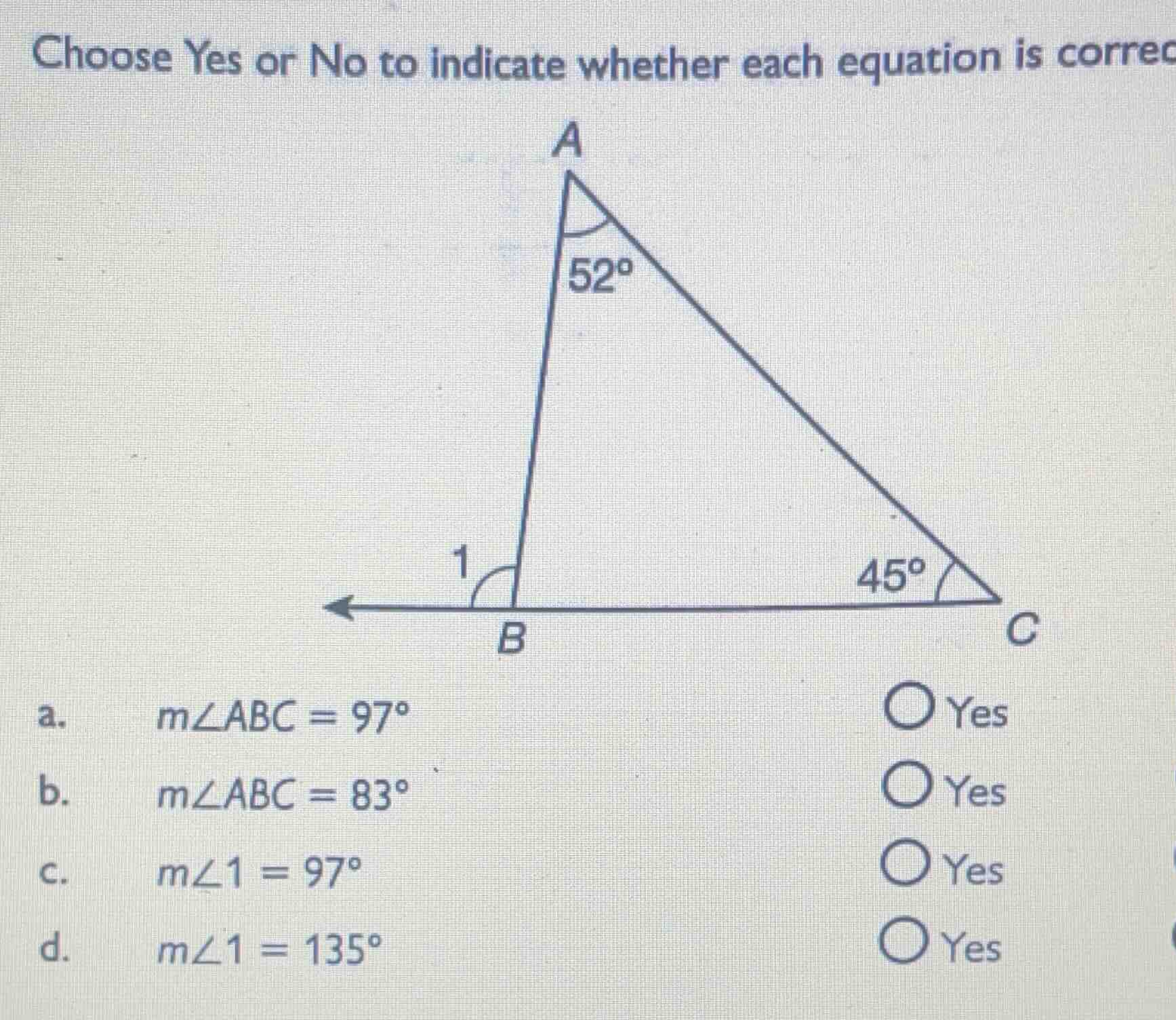 choose yes or no to indicate whether each equation is correc a. $m\\ang…