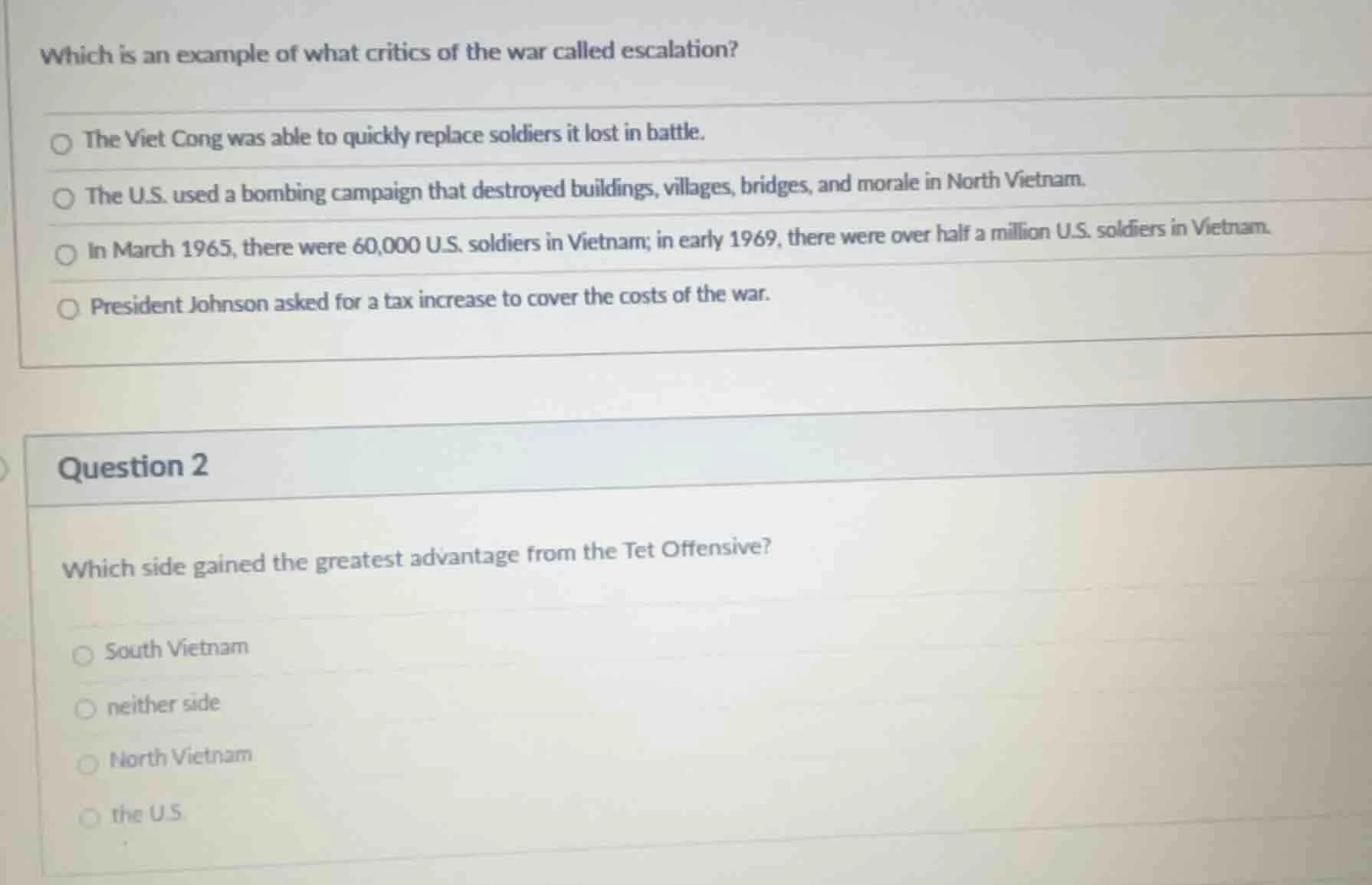 which is an example of what critics of the war called escalation? the v…