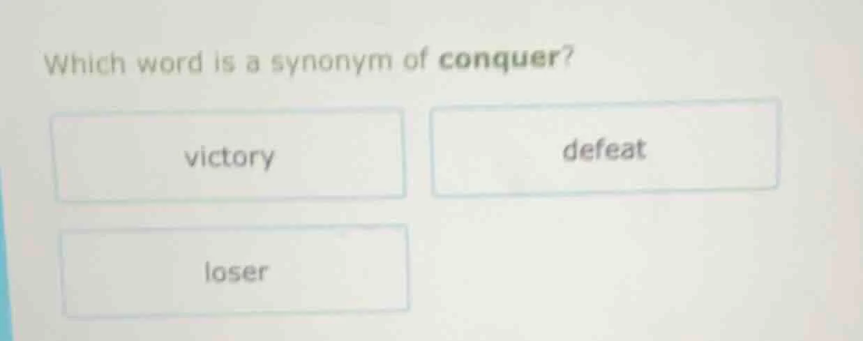 which word is a synonym of conquer? victory defeat loser
