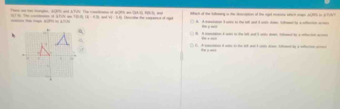 there are two triangles, \\triangle qrs and \\triangle tuv. the coordin…