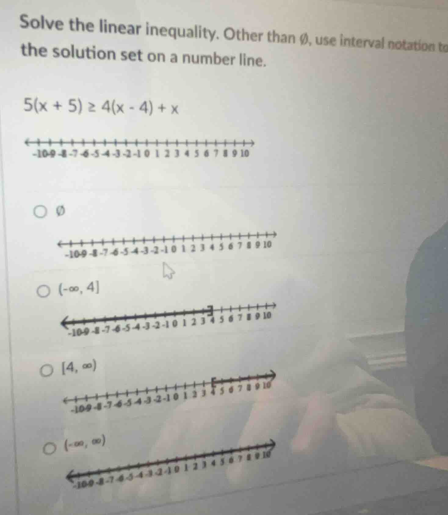 solve the linear inequality. other than ∅, use interval notation to the…