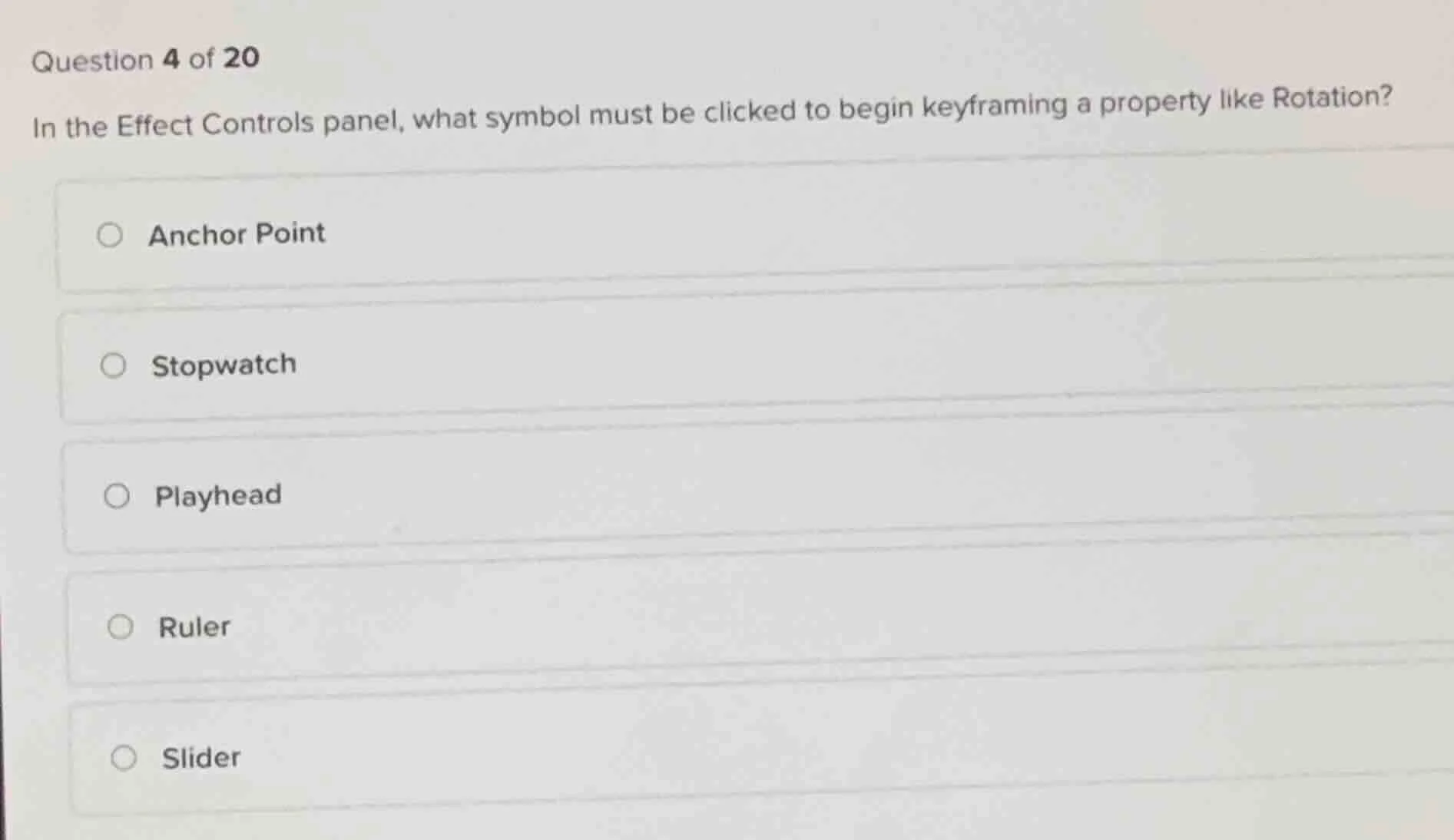 question 4 of 20 in the effect controls panel, what symbol must be clic…