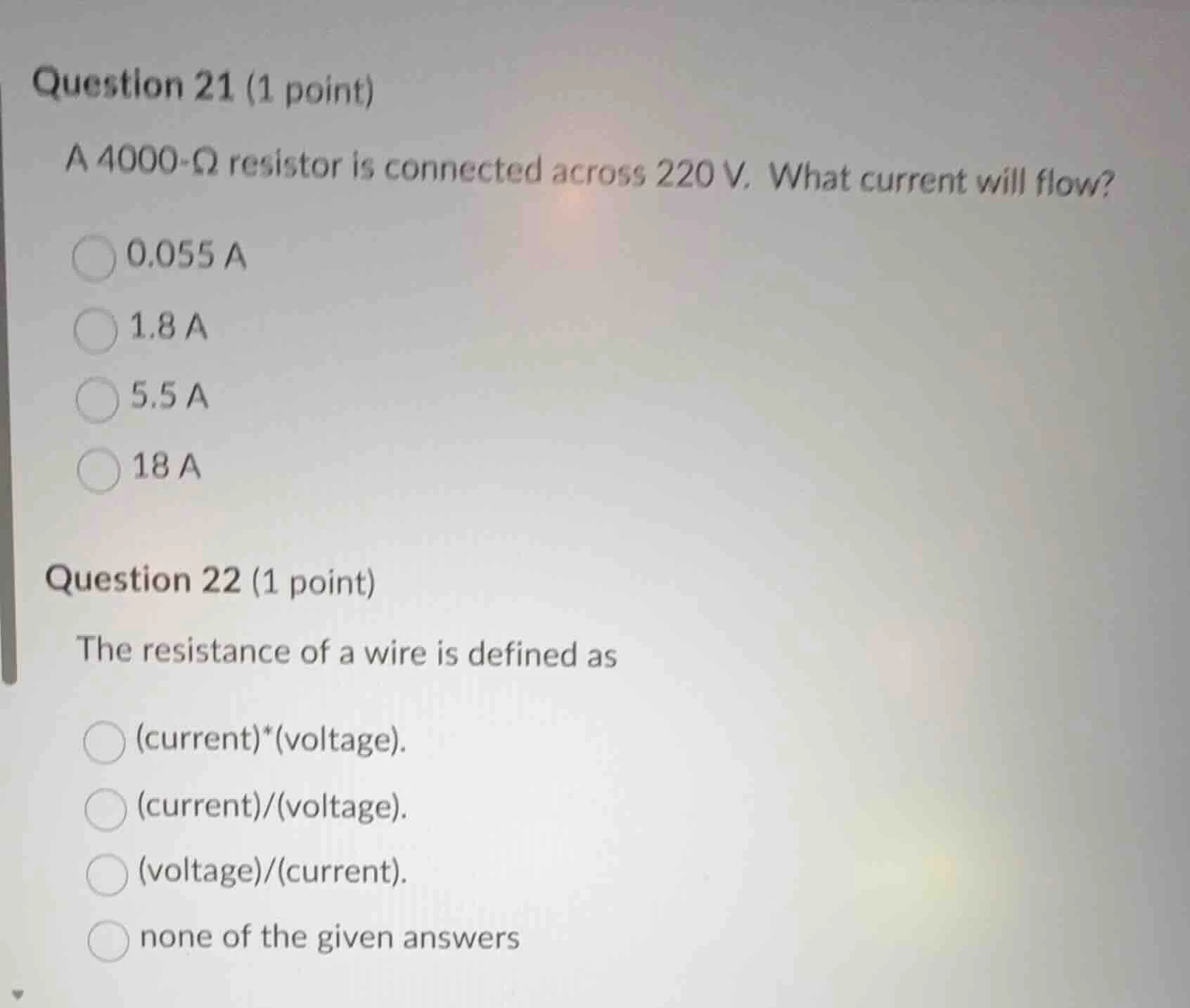 question 21 (1 point) a 4000-ω resistor is connected across 220 v. what…