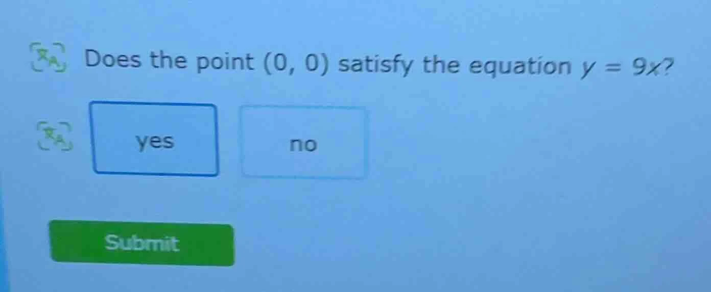 does the point (0, 0) satisfy the equation y = 9x? yes no submit