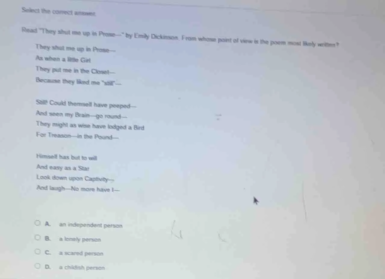 select the correct answer. read \they shut me up in prose--\ by emily d…