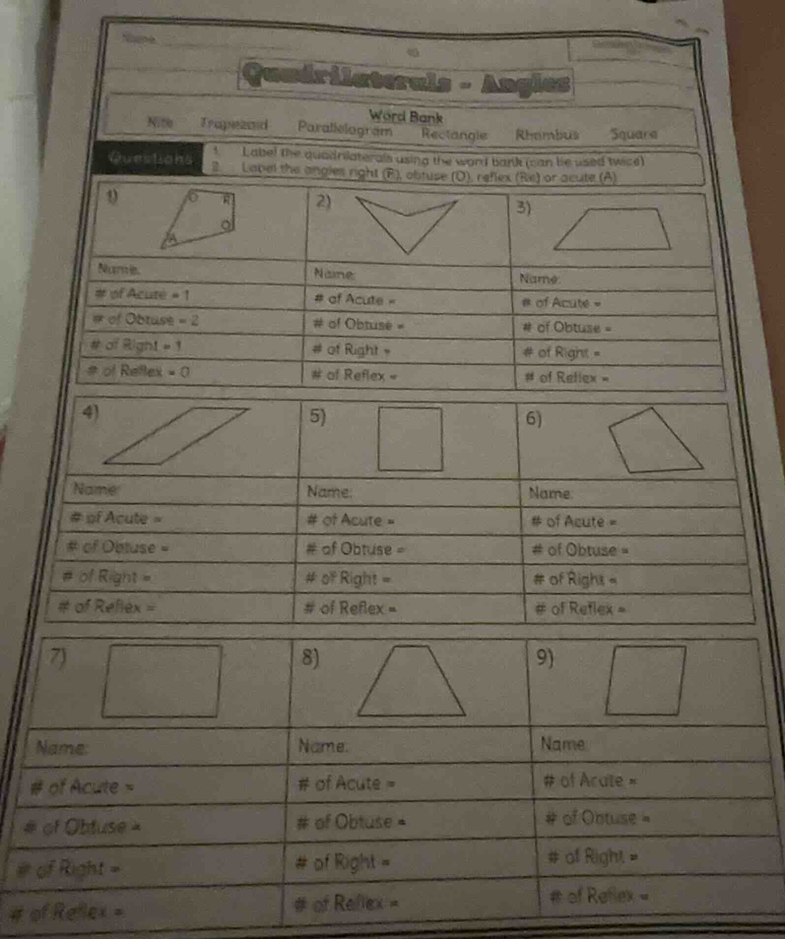quadrilaterals - angles word bank kite trapezoid parallelogram rectangl…