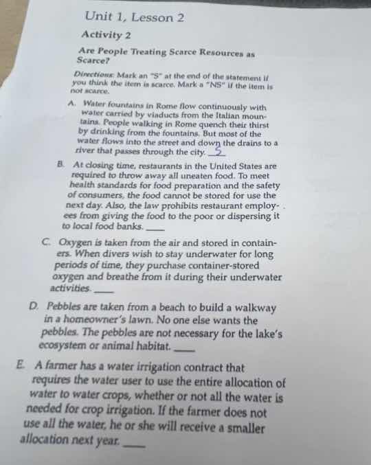 unit 1, lesson 2 activity 2 are people treating scarce resources as sca…