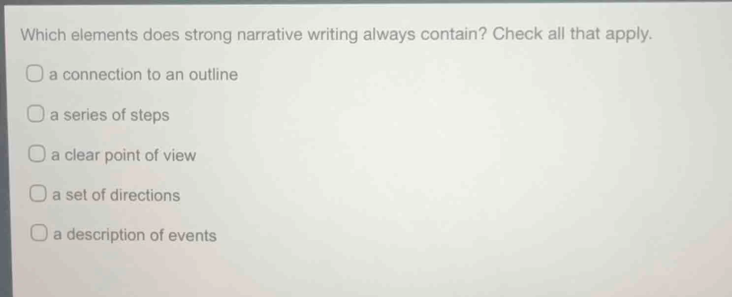 which elements does strong narrative writing always contain? check all …